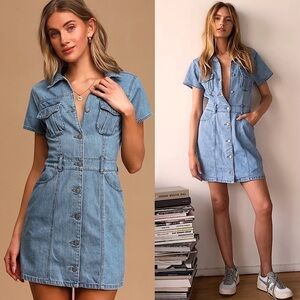 NWT BOYISH 90s Denim Safari Short Sleeve Utility Button Front Jean Mini Dress XS